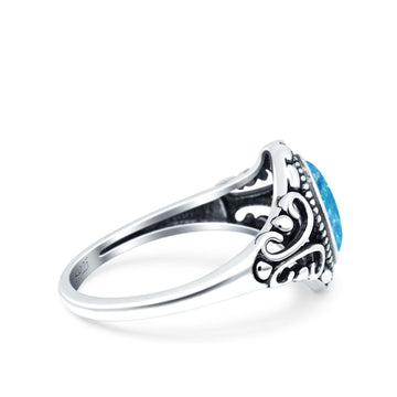 Petite Dainty Vintage Style Oval Ring Solid Lab Created Blue Opal 925 Sterling Silver